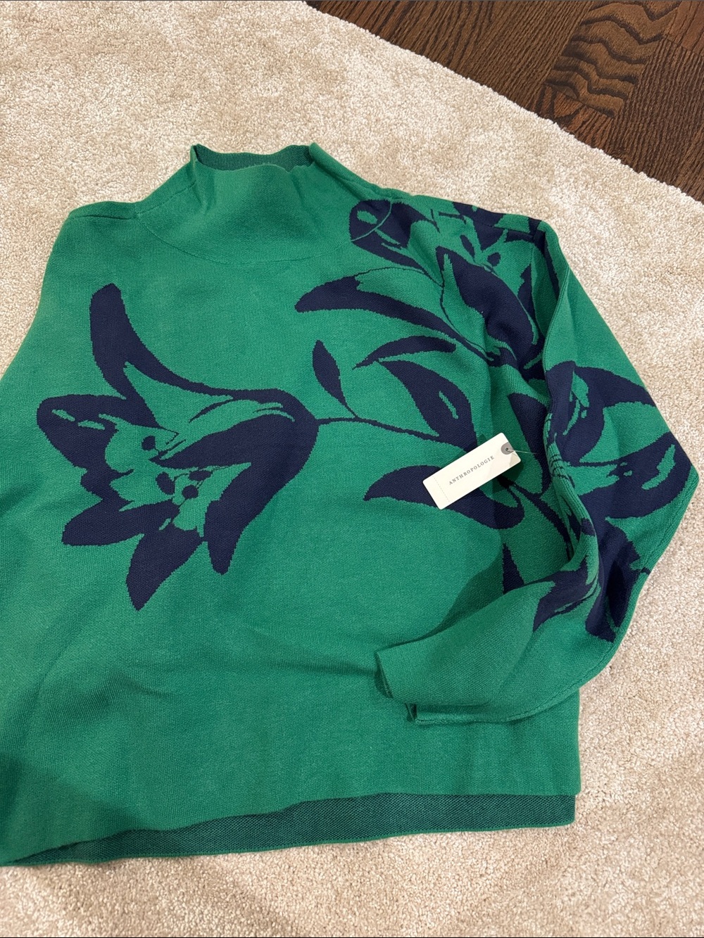 Anthropology- Maeve - Green Floral Mock-Neck Sweater